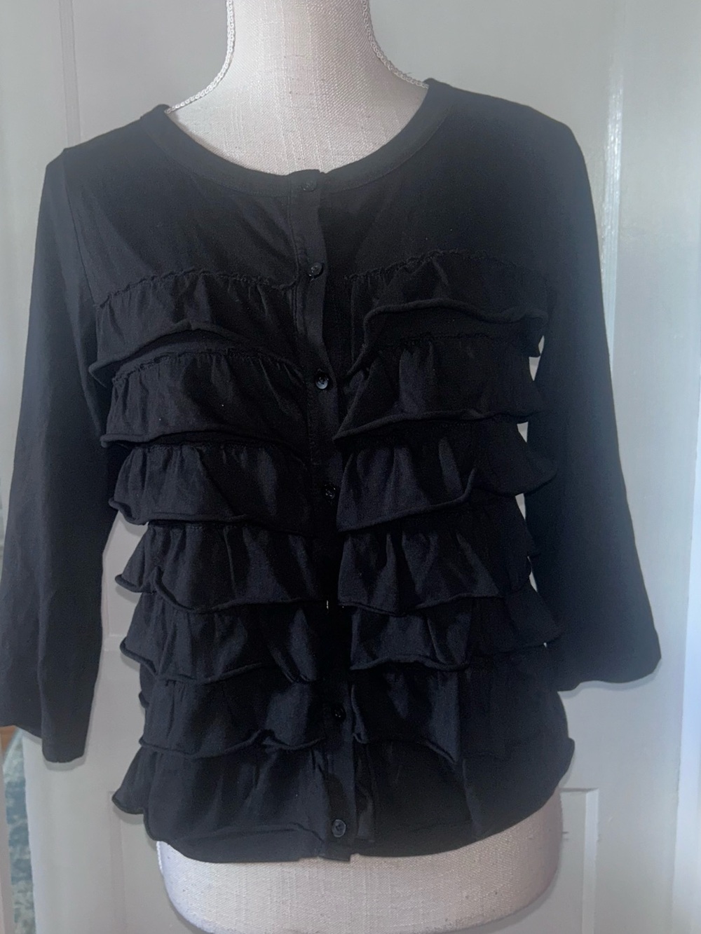 Womens Loft Black Ruffle Button-Front knit lightweight top size small